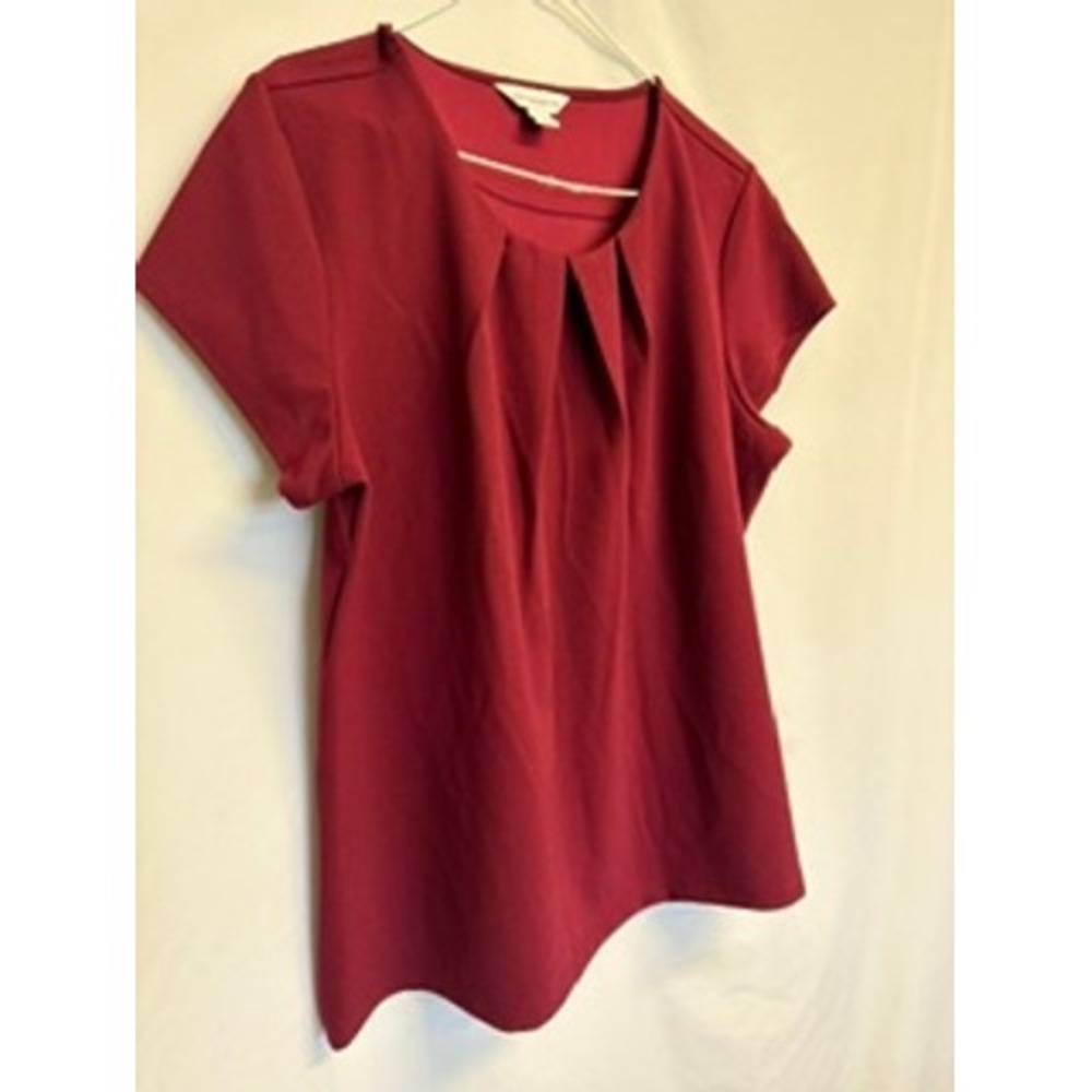 Liz Claiborne Womens Burgundy Pleated Neck Short Sleeve Blouse Top XL Y2K